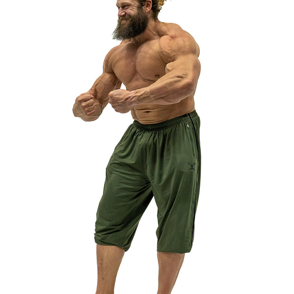 Jujimufu Lite Stretchy Pants Olive Drab and Black Color - Showing wearing as Capri style