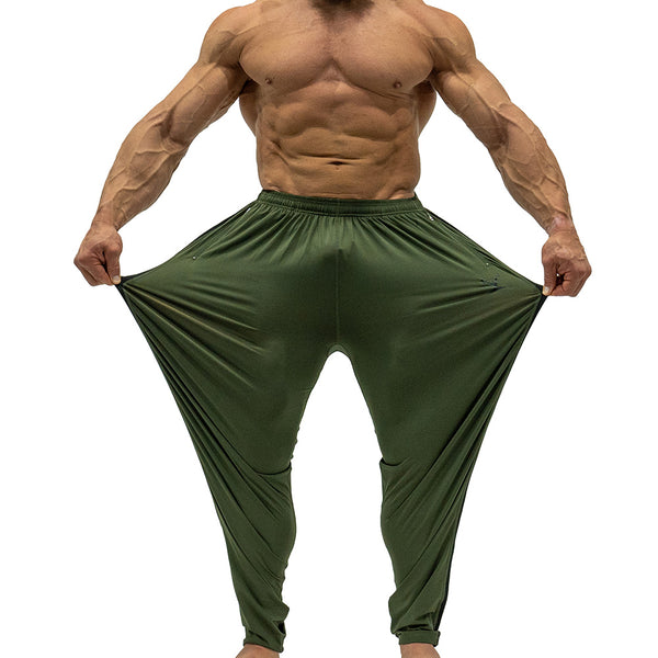 Jujimufu Lite Stretchy Pants Olive Drab and Black Color - Showing Stretch Fabric