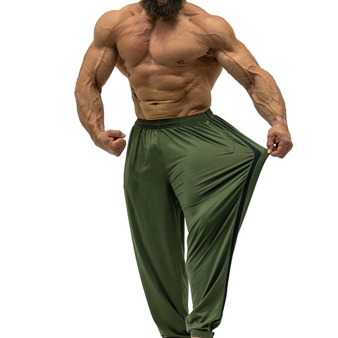 Jujimufu Lite Stretchy Pants Olive Drab and Black Color - Showing Stretch Fabric on a single leg