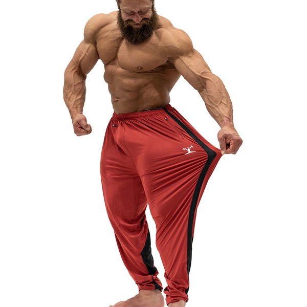 Jujimufu Classic Stretchy Pants Red and Black Color - Showing Stretch Fabric on a single leg