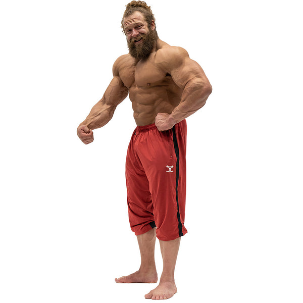 Jujimufu Classic Stretchy Pants Red and Black Color - Showing wearing as Capri style