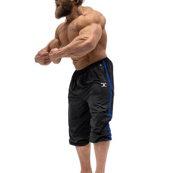 Jujimufu Lite Stretchy Pants Black And Blue Color - Showing wearing as Capri style