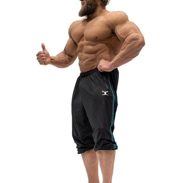 Jujimufu Lite Stretchy Pants Black And Teal Color - Showing wearing as Capri style