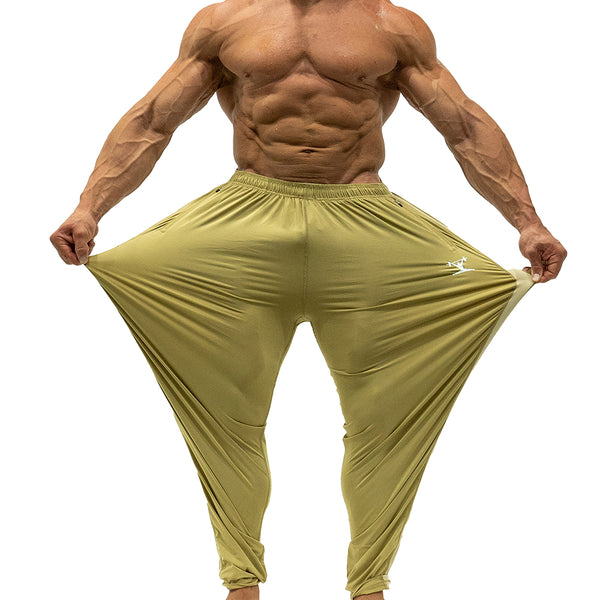 Jujimufu Lite Stretchy Pants Gold And Khaki Color - Showing Stretch Fabric