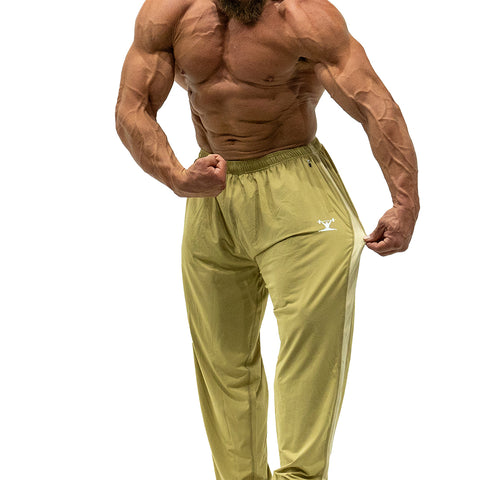Jujimufu Lite Stretchy Pants Gold And Khaki Color - Showing Stretch Fabric on a single leg