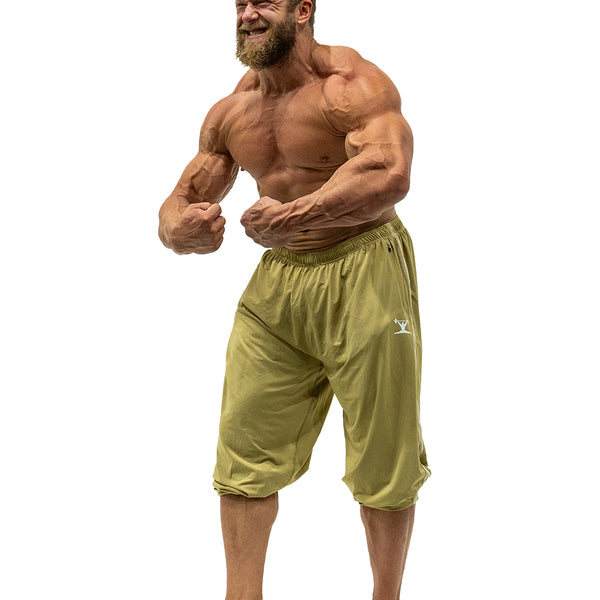 Jujimufu Lite Stretchy Pants Gold And Khaki Color - Showing wearing as Capri style