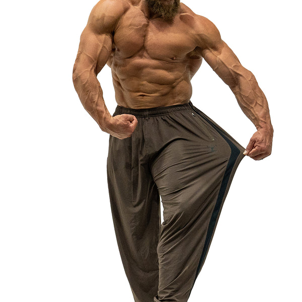Jujimufu Lite Stretchy Pants Brown And Black - Showing Stretch Fabric on a single leg
