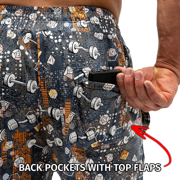 Workout Pajamas Dumbbells and Dice Pattern - Back Pockets With Top Flaps