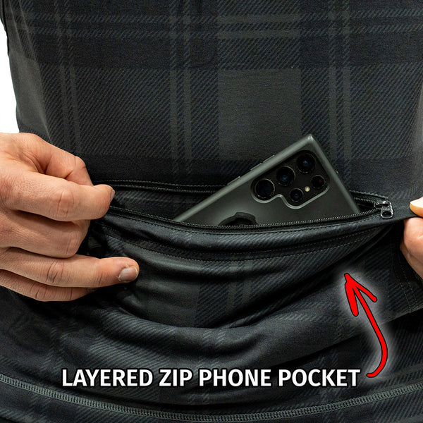 Jujimufu Ultra Hoodie Dark Plaid Color - Layered Zip Phone Pocket