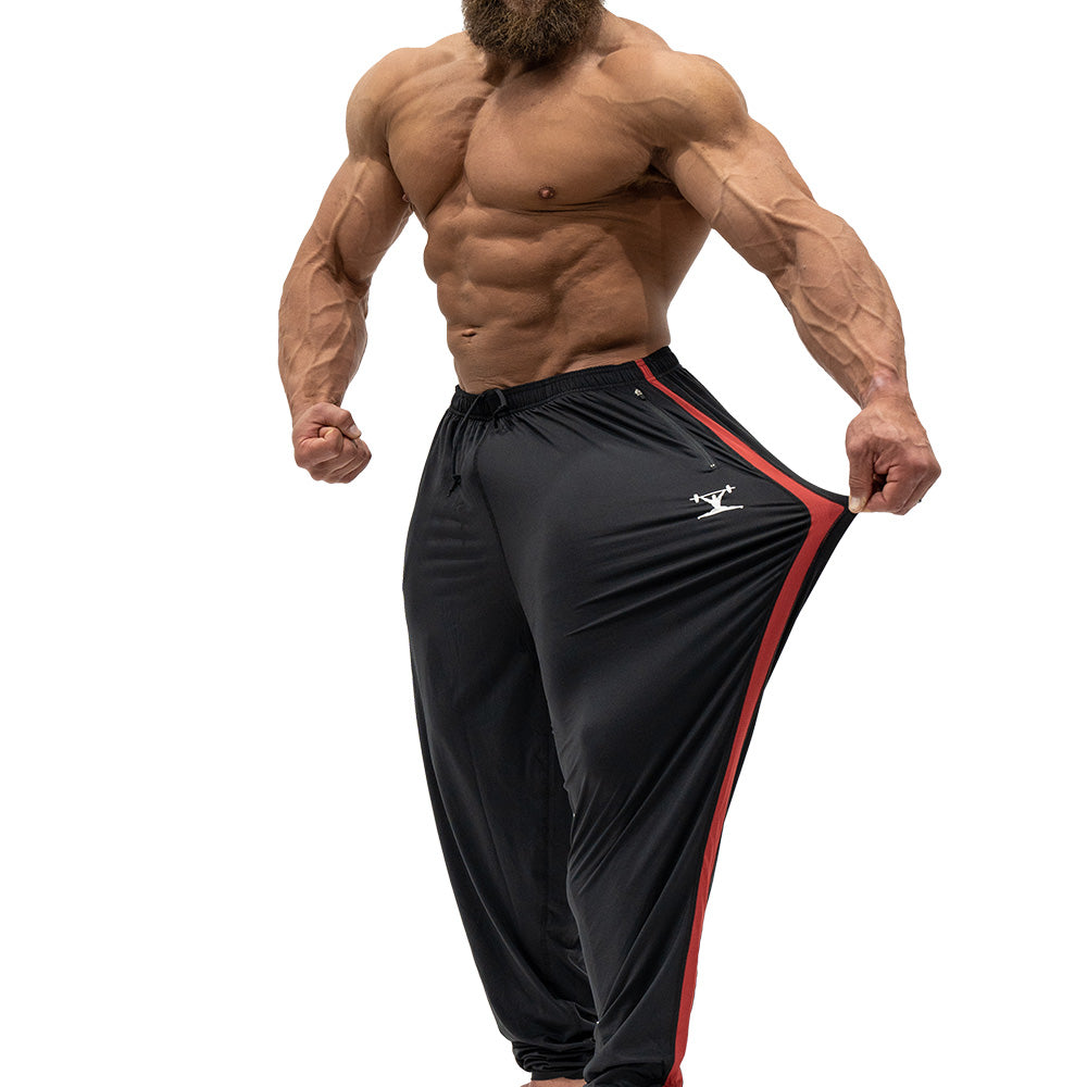 Jujimufu Lite Stretchy Pants Black And Red Color - Showing Stretch Fabric on a single leg