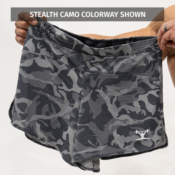 Jujimufu Short Shorts Feature - Front View No Wear (Stealth Camo Colorway)